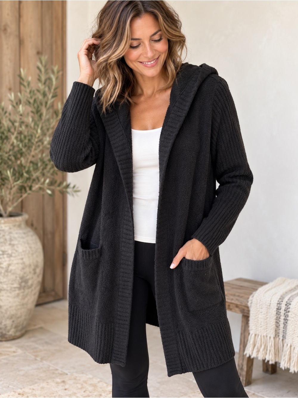 Barefoot Dreams CozyChic Lite Cardigan Black Hooded Open Front Sweater SZ LARGE